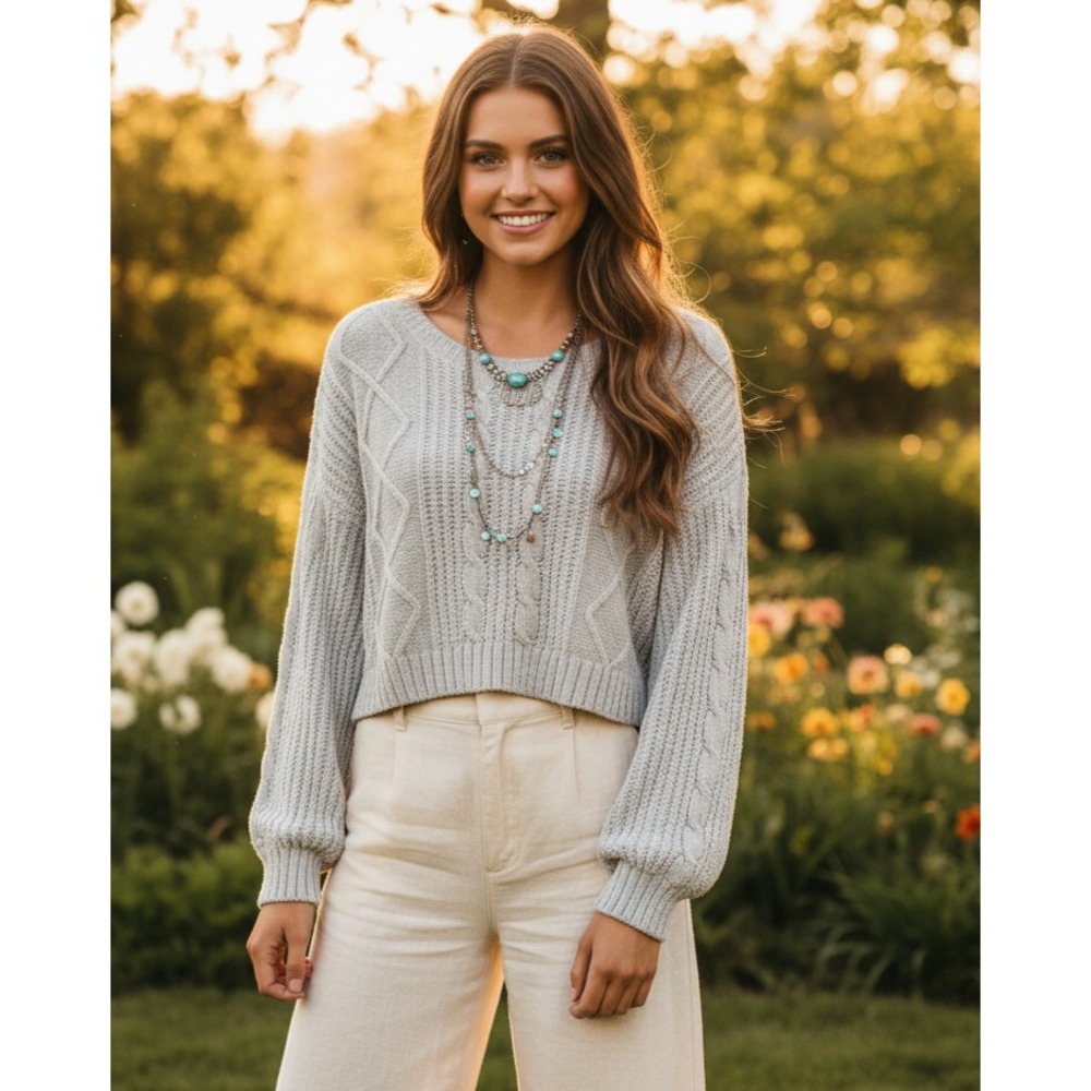 Pink Republic S Sweater Gray‎ Lace Up Crop Cable Cottage Academia Preppy Soft